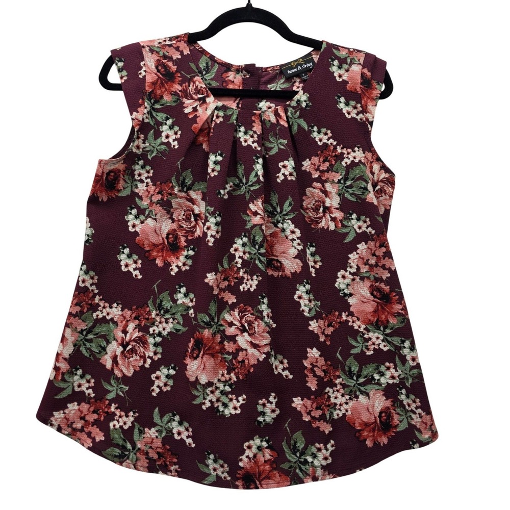 Twine & String Burgundy Floral Sleeveless‎ Button Back Pleated Blouse Small